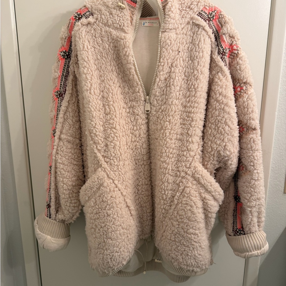 Free People Movement Cozy Cream Sherpa Jacket with Pink Accents